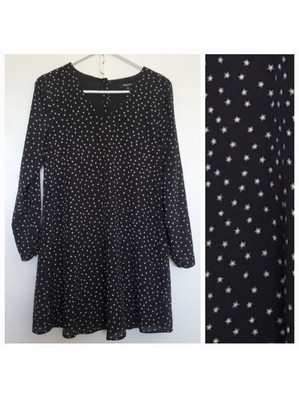 MADEWELL MINI DRESS STAR PRINT 100% SILK BLACK & WHITE LONG SLEEVE WOMENS (XS)